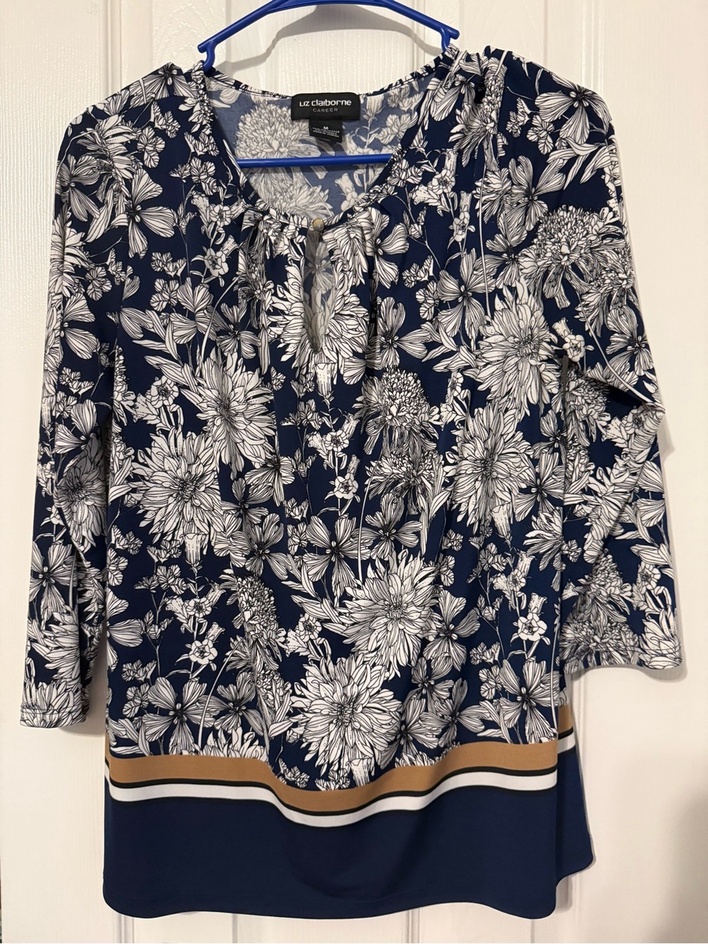 Liz Claiborne Navy and White Floral Tie-Neck Tunic with Striped Hem